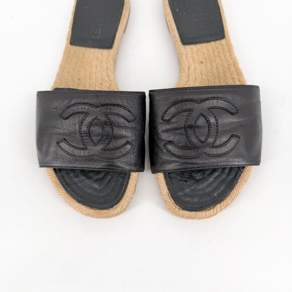 Chanel CC Flat Espadrille Mule Slide Sandals Black Leather Size 38 US 7-7.5 - Picture 4 of 15